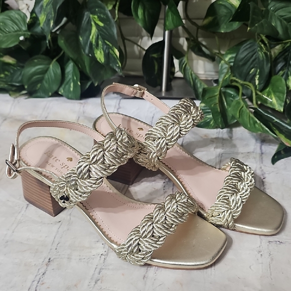 Kate Spade NWOB Valentina Braided Strap Mid Heeled Gold Sandals, Pale Gold 6B